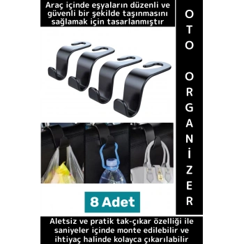 Kolay Montaj Oto Organizer Çanta Kıyafet Küçük Eşya Düzenleyici Şık Araba Koltuk Arkası Askı 8 Adet