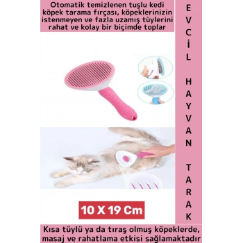 Evcil Hayvan Kendinden Tuşlu Otomatik Temizlenen Masaj Etkili Kedi Köpek Tüy Toplama Tarağı Pembe