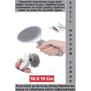 Evcil Hayvan Kendinden Tuşlu Otomatik Temizlenen Masaj Etkili Pet Kedi Köpek Tüy Toplama Tarağı Gri