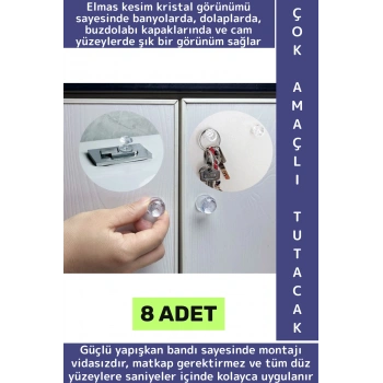 Montajsız Çekmece Dolap Klozet Kapağı Şık Kristal Tasarım Çok Amaçlı Yapışkanlı Tutacak Buton 8 Adet