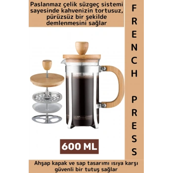 Premium Isıya Dayanıklı Kahve Demleme Bitki Çayı Ahşap Kapak Sap Detaylı Cam French Press 600 ML