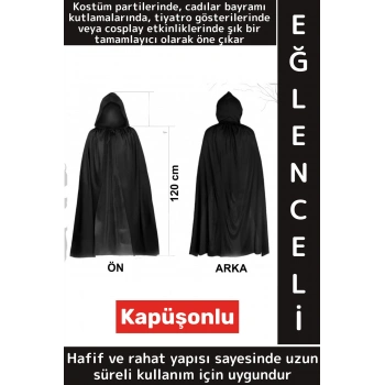 Parti Cadılar Bayramı Fotoğraf Çekimi Çocuk Genç Yetişkin Rahat Siyah Kapüşonlu Uzun Pelerin 120 Cm