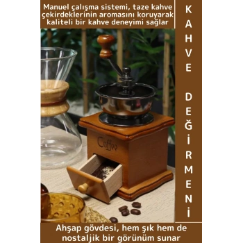 Premium Çok Şık Çelik Değirmenli Taze Aroma Koruyucu Nostaljik Görünüm Manuel Ahşap Kahve Değirmeni