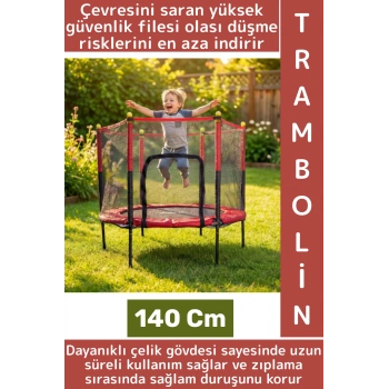 Dayanıklı Çelik Gövde Bahçe Teras Outdoor 100 Kg Kapasiteli Eğlenceli Koruma Fileli Trambolin 140 Cm