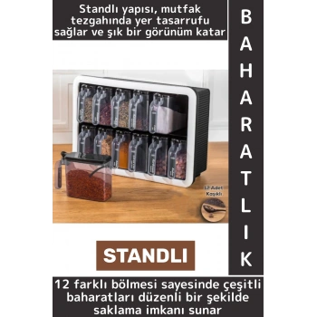 Dayanıklı Sert Plastik Şeffaf Kaplı Mutfak Çok Şık Modern Standlı Kaşıklı 12li Özel Baharatlık Seti