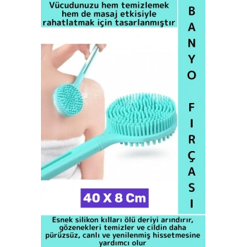 Premium Islak Kuru Cilt Masaj Peeling Etkili Çift Taraflı Silikon Uzun Saplı Banyo Fırçası 40 X 8 Cm