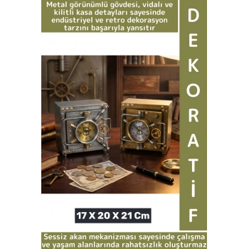 Dekoratif Hediyelik Sessiz Mekanizma Retro Kilitli Kasa Tasarımlı Şık Masaüstü Saat 17 X 20 X 21 Cm