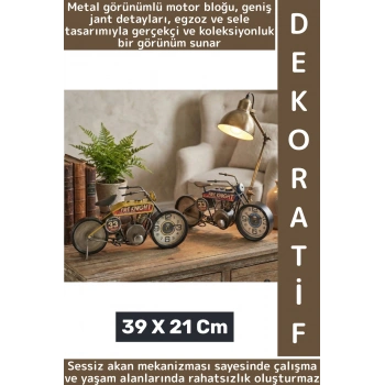 Dekoratif Hediyelik Metal Görünümlü Retro Çok Şık Yarış Motoru Tasarımlı Masaüstü Saat 39 X 21 Cm