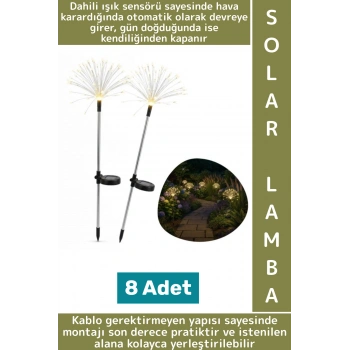 Dış Mekan Montajsız Kablosuz Rüzgar Yağmur Dayanıklı Saçak Model Sensörlü Solar Bahçe Lambası 8 Adet