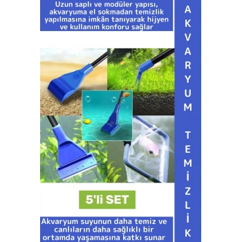 Premium Tatlı Tuzlu Su Cam Yosun Kir Atık Dip Derin Temizlik Akvaryum Tankı Temizleme 5li Özel Set