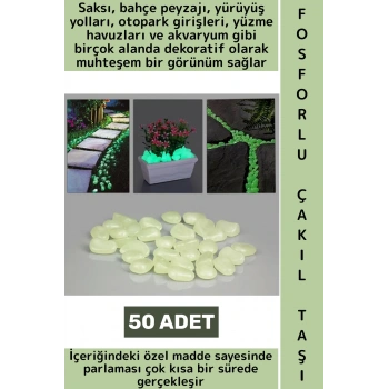 Gece Parlayan Saksı Bahçe Yürüyüş Yolu Otopark Havuz Akvaryum Çok Şık Fosforlu Çakıl Taşı 50 Adet