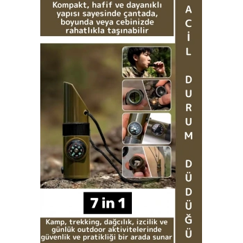 Premium Kamp Outdoor Dağcılık Büyüteç Pusula Fener Termometre Kibrit İğne Acil Durum Düdüğü 7 in 1