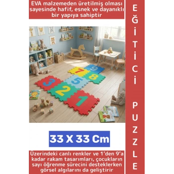 Ev Kreş Çocuk Odası Görsel Algı Eğitici Dayanıklı Esnek Canlı Renk Sayılar Puzzle Yer Matı 9 Parça