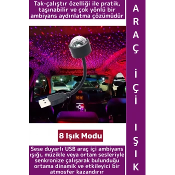 Ev Ofis Kamp 8 Farklı Işık Modu Sese Duyarlı Pratik Tak Çalıştır Çok Şık USB Araç İçi Ambiyans Işığı