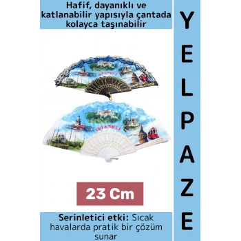 Dekoratif Hediye Sıcak Havada Etkili Katlanabilir Çanta Boy Şık İstanbul Tema Plastik Yelpaze 23 Cm