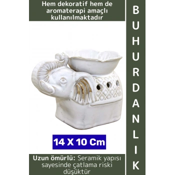 Dekoratif Hediye Aromaterapi Meditasyon Tütsülük Şık Seramik Fil Tasarımlı Buhurdanlık 14 X 10 Cm