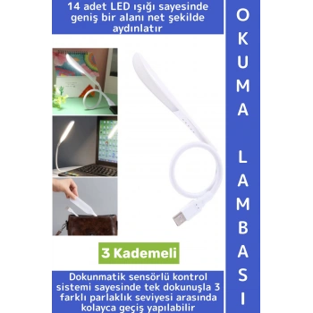 Premium Dayanıklı Esnek Kitap Bilgisayar Başı Kompakt 14 Led 3 Kademeli USB Dokunmatik Okuma Lambası