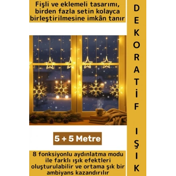 Dış Mekan Balkon Vitrin Süsleme 8 Mod Fişli Eklemeli 5+5 Metre 10 Saçaklı Kar Tanesi Perde LED Işık