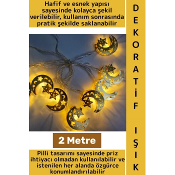 Ev Dekorasyonu Mağaza Vitrin Süsleme Şık Estetik Ay Yıldız Figürü Dekoratif Ramazan LED Işık 2 Metre