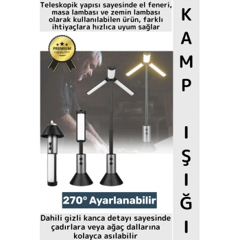 Outdoor Fener Masa Lambası Tasarımlı Piknik Çadıra Asılabilir Şarj Edilebilir Teleskopik Kamp Işığı