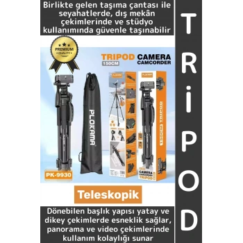 Premium Vlog Çekim Teleskopik Döner Başlık Yatay Dikey Kullanım Taşıma Çantalı 150 Cm Kamera Tripod