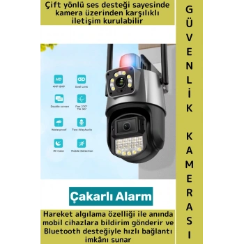 Dış Mekan İş Yeri Gece Görüş İki Yönlü Ses Hareket Algı Çakarlı Alarm Çift Lensli Güvenlik Kamerası