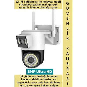 Dış Mekan İş Yeri Gece Görüş İki Yön Ses Hareket Algı 8MP Ultra HD Wifi Çift Lens Güvenlik Kamerası