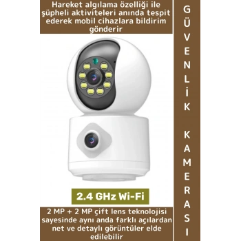 İç Mekan Ev Gece Görüş İki Yön Ses Hareket Algı Uyarı Bildirim Wi-Fi Çift Lensli Güvenlik Kamerası
