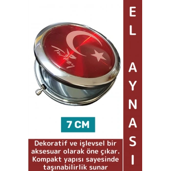 Kompakt Çanta Cep Boy Dekoratif Hediyelik Çok Şık Zarif Estetik Türk Bayrağı Motifli El Aynası 7 Cm