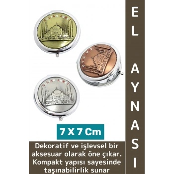Çanta Cep Boy Dekoratif Hediyelik Çok Şık Estetik Kabartmalı İstanbul Temalı Metal El Aynası 7 Cm