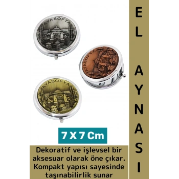 Çanta Cep Boy Dekoratif Hediyelik Çok Şık Estetik Kabartmalı Ayasofya Temalı Metal El Aynası 7 Cm