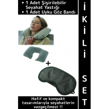 #SeyahatSeti Kompakt Araç İçi Rahat Yolculuk Şişirilebilir Boyun Yastığı Uyku Göz Bandı İkili Set
