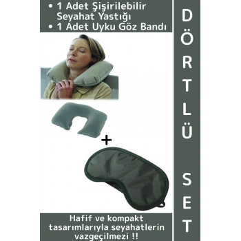 #SeyahatSeti Kompakt Araç İçi Rahat Yolculuk Şişirilebilir Boyun Yastığı Uyku Göz Bandı Dörtlü Set