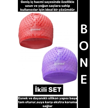 #Bone Esnek Yumuşak Silikon Havuz Deniz Yüzme Kulağa Su Geçirmez Büyük Beden Saç Bonesi İkili SET
