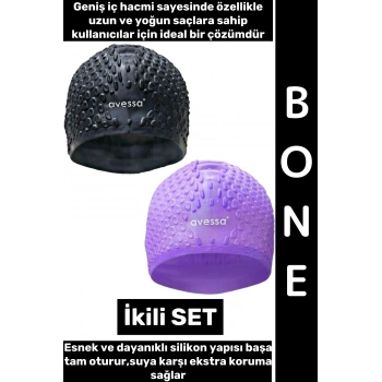 #Bone Esnek Yumuşak Silikon Havuz Deniz Yüzme Kulağa Su Geçirmez Büyük Beden Saç Bonesi İkili SET