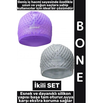 #Bone Yumuşak Elastik Silikon Havuz Deniz Yüzme Kulağa Su Kaçırmaz Büyük Beden Saç Bonesi İkili SET