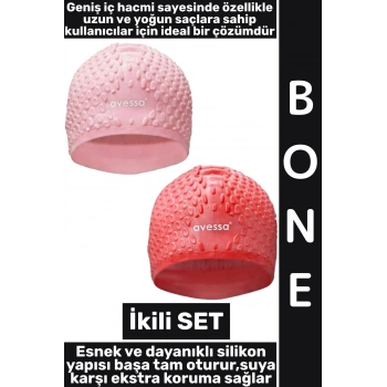 #Bone Yumuşak Havuz Deniz Yüzme Kulağa Su Kaçırmaz Elastik Silikon Büyük Beden Saç Bonesi İkili SET