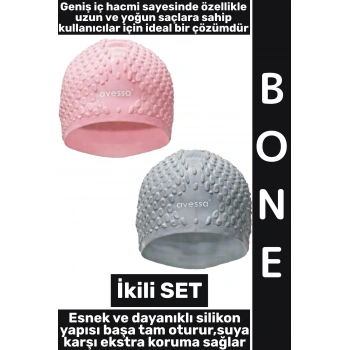 #Bone Yumuşak Havuz Deniz Yüzme Kulağa Su Kaçırmaz Elastik Silikon Büyük Beden Saç Bonesi İkili SET