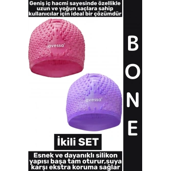 #Bone Yumuşak Havuz Deniz Yüzme Kulağa Su Kaçırmaz Elastik Silikon Büyük Beden Saç Bonesi İkili SET