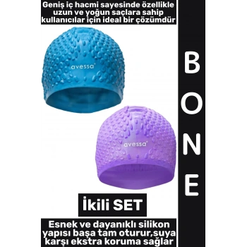 #Bone Yumuşak Havuz Deniz Yüzme Kulağa Su Kaçırmaz Elastik Silikon Büyük Beden Saç Bonesi İkili SET