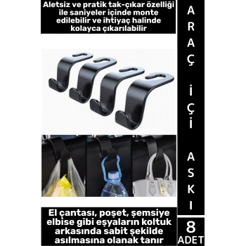 #OtoOrganizer Takım Elbise Şemsiye Poşet Eşya Sabitleme Taşıma Araç İçi Koltuk Arkası Askı 8 Adet