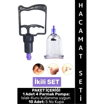 #HacamatSeti Islak Kuru Kullanıma Uygun 4 Parmak Pompa 10 Adet 5 No Kupa Çekme İkili Hacamat Seti