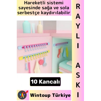 #Askı Kolay Montaj Küçük Eşya Havlu Eşarp Mutfak Banyo Dolap İçi Düzenleyici 10 Kancalı Raylı Askı