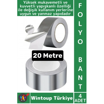 #FolyoBant Su Isıya Dayanıklı Soba Boru Tamir Yama Güçlü Alüminyum Yanmaz Folyo Bant 20 Metre 4 Adet