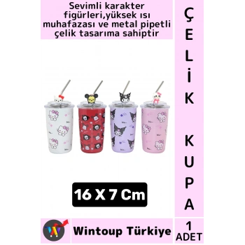 #ÇelikKupa Ev Ofis Yüksek Isı Muhafazalı Çok Şık Sevimli Karakter Figürlü Metal Pipetli Çelik Kupa