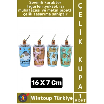#ÇelikKupa Hediye Ev Ofis Isı Muhafazalı Çok Şık Sevimli Karakter Figürlü Metal Pipetli Çelik Kupa