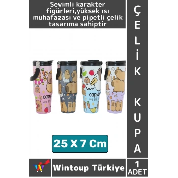 #ÇelikKupa Hediyelik Ev Ofis Isı Muhafazalı Şık Sevimli Karakter Figürü Pipetli Büyük Boy Çelik Kupa