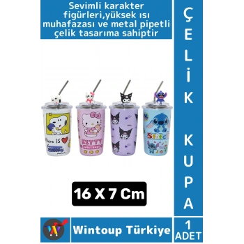 #ÇelikKupa Hediyelik Ev Ofis Isı Muhafazalı Şık Sevimli Karakter Figürlü Metal Pipetli Çelik Kupa