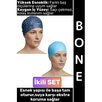 #Bone Konforlu Esnek Yumuşak Havuz Deniz Yüzme Kaygan İç Yüzey Şık Su Geçirmez Saç Bonesi İkili SET