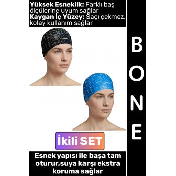 #Bone Konforlu Esnek Yumuşak Havuz Deniz Yüzme Kaygan İç Yüzey Şık Su Geçirmez Saç Bonesi İkili SET